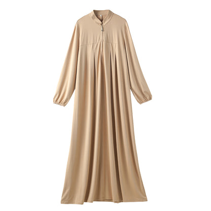 Stand Collar Maxi Dress with Pockets – Modest Long Sleeve Casual Abaya