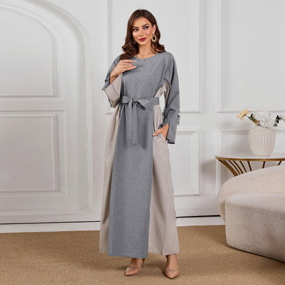 2025 Grey Muslim Maxi Dress: Stylish & Elegant Long Robe with Linen-Like Patchwork Design