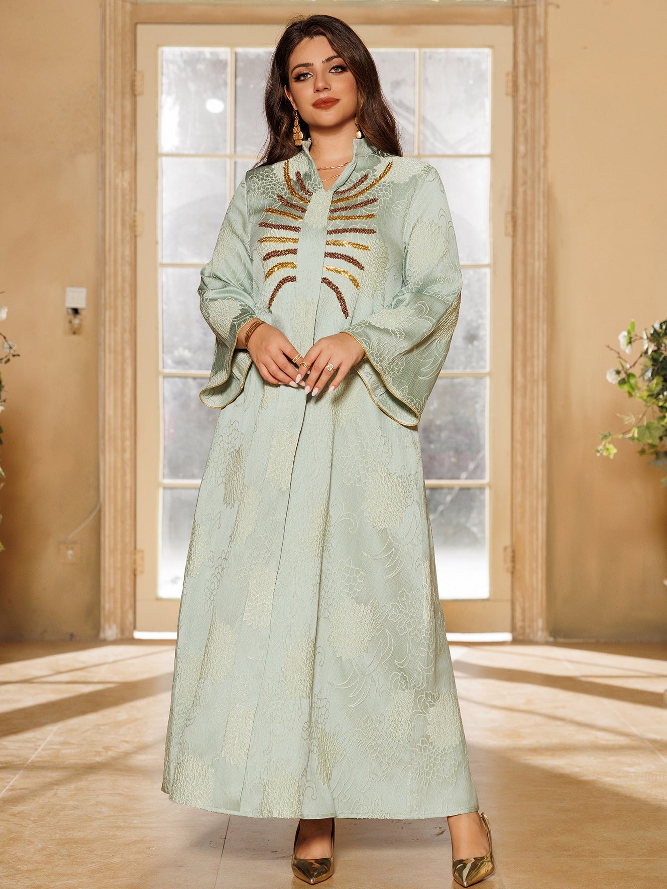 Women's V-neck Jacquard Beaded Dress