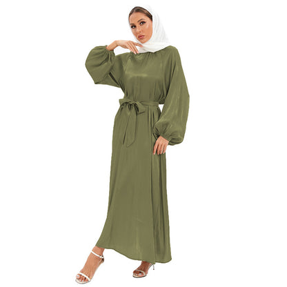 Satin Long Sleeve Maxi Dress with Bow Belt and Lantern Sleeves