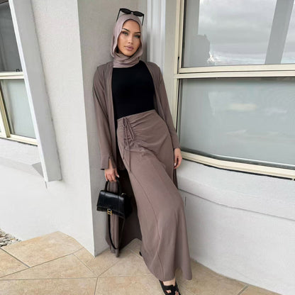 Modest Solid Color Cardigan and Maxi Skirt Two-Piece Set for Women