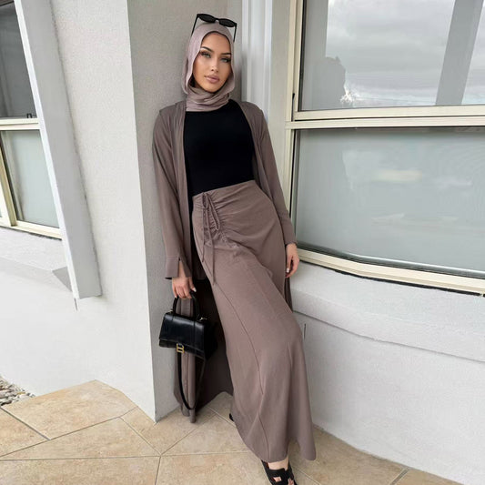 Modest Solid Color Cardigan and Maxi Skirt Two-Piece Set for Women