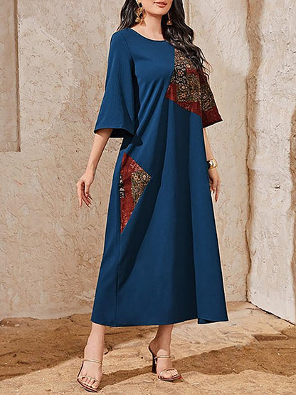 Women's Printed Patchwork Flared Sleeve Casual Dress