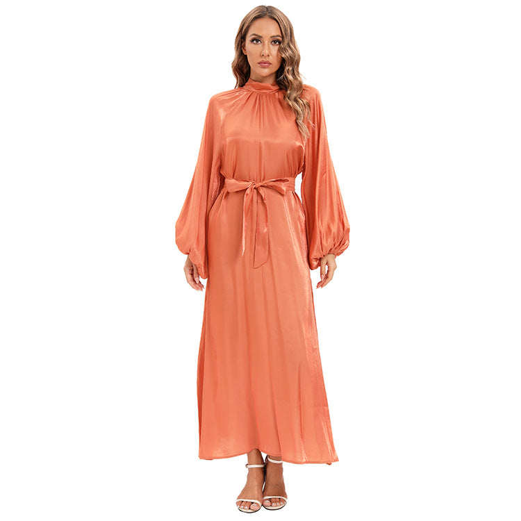 Satin Long Sleeve Maxi Dress with Bow Belt and Lantern Sleeves