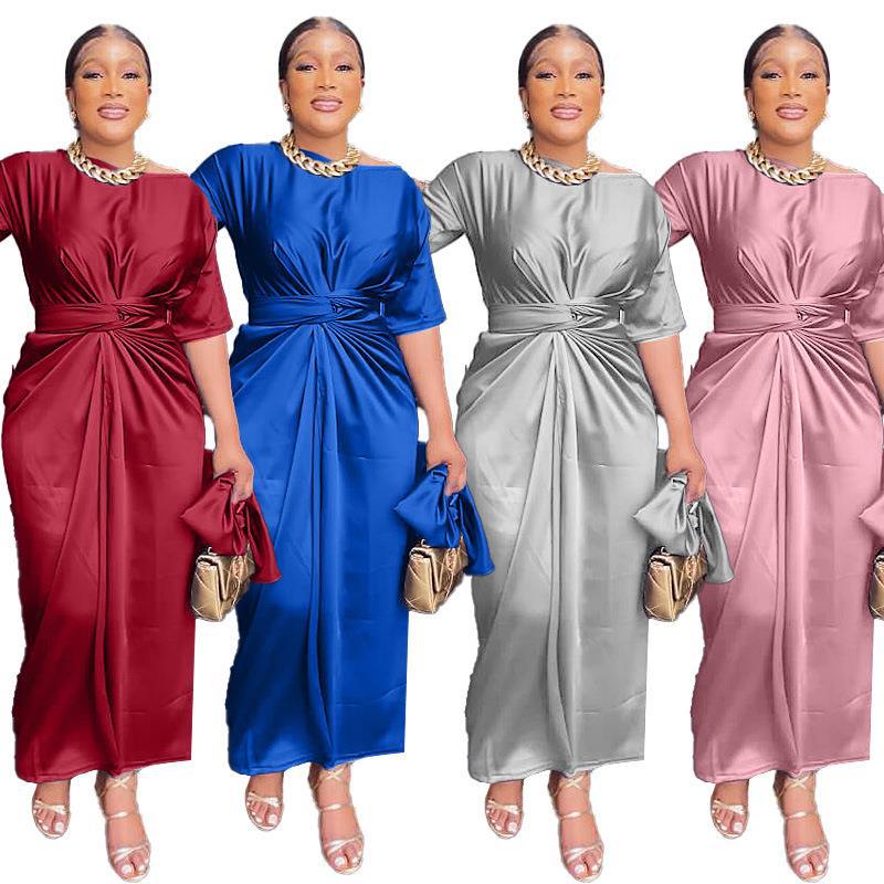 Women's Short Sleeve Waistband Tie Long Dress Two Piece Sets