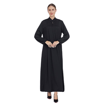 Stand Collar Maxi Dress with Pockets – Modest Long Sleeve Casual Abaya