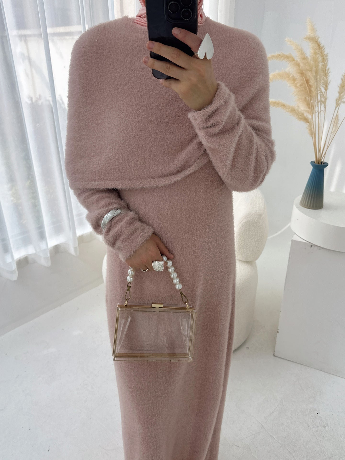 Cozy Knit Two Piece Sweater Dress with Shawl Elegant Winter Set