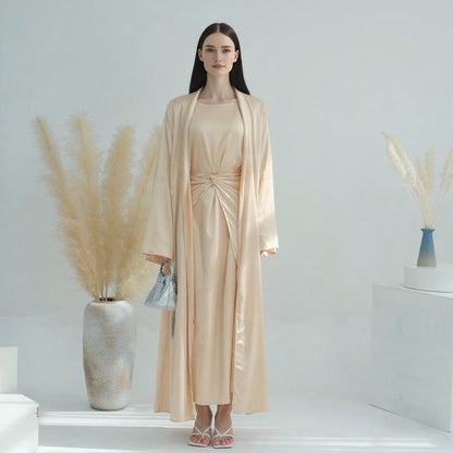 Solid Color Three Piece Abaya Set with Inner Dress and Belt