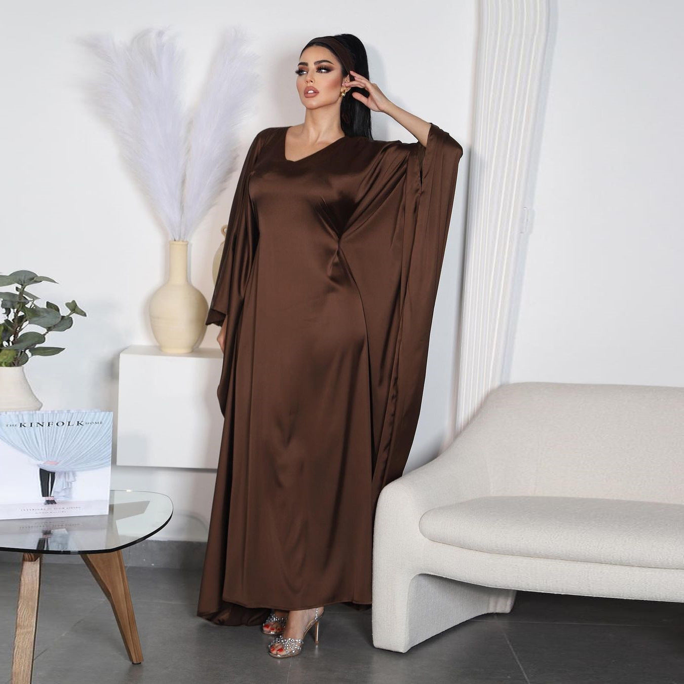 Women's Pullover Waist-cinching Modest Coffee Dress