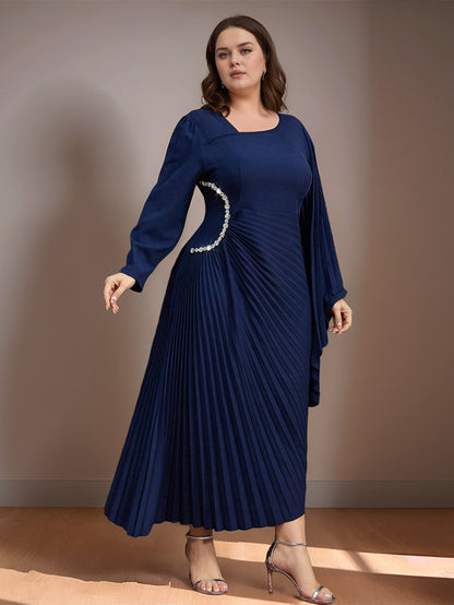 Women's Asymmetric Pleated Dress Set with Diamonds