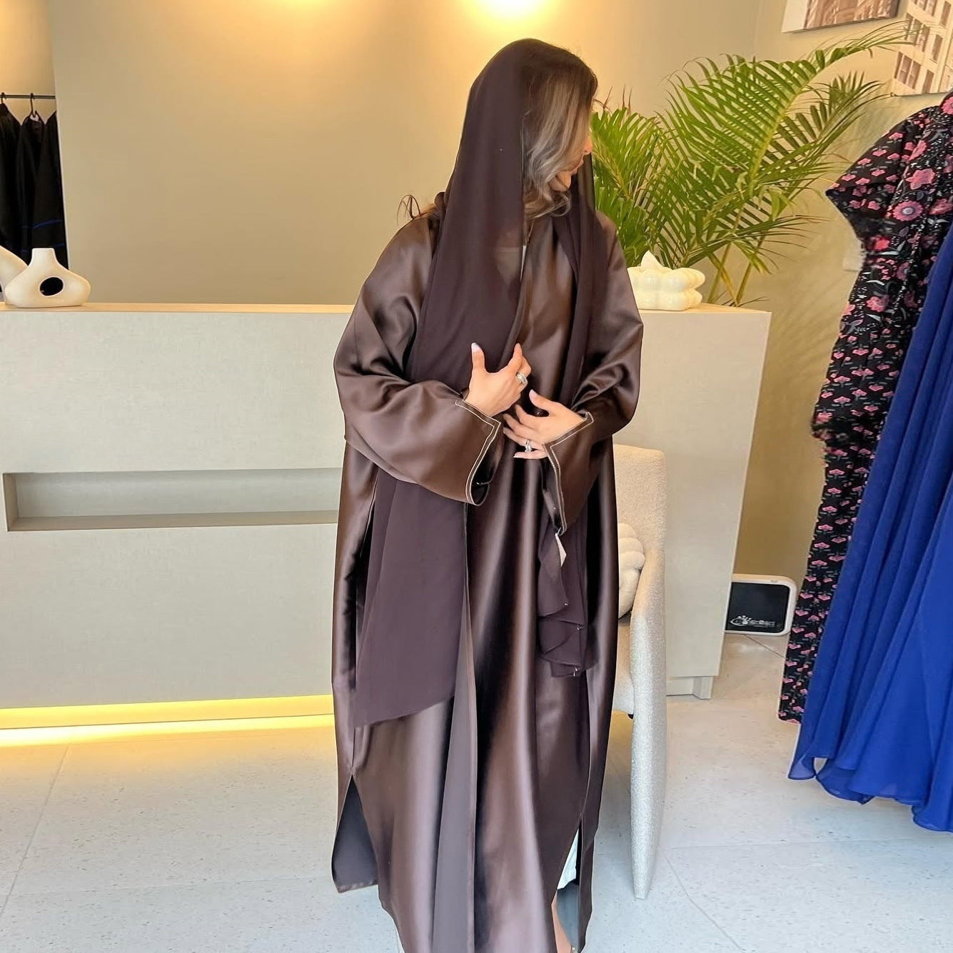 Loose Solid-colored Satin Open Abaya