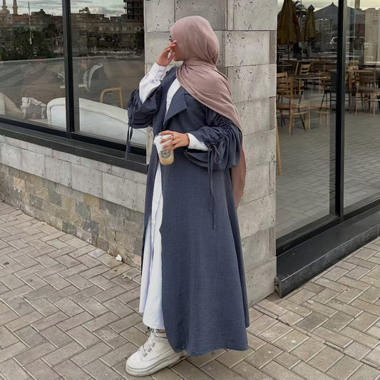 Elegant Blazer-Collar Abaya Cardigan with Ruched Sleeves