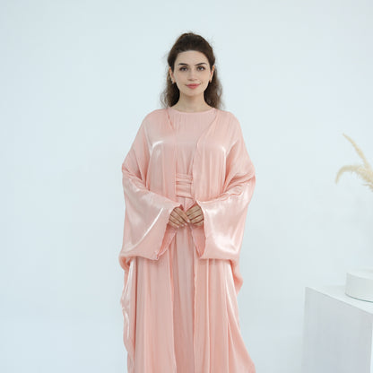 Elegant Solid Color Two Piece Abaya Set with Inner Dress