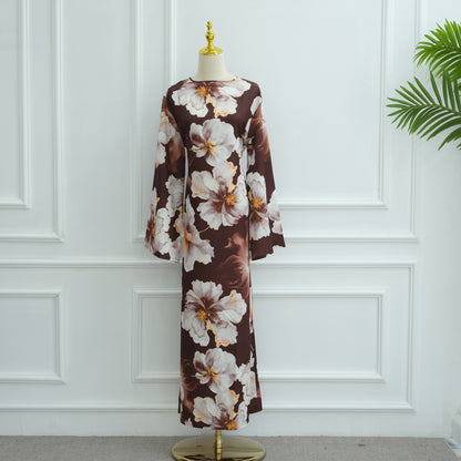 Floral Print Maxi Dress with Round Neck and Long Sleeves