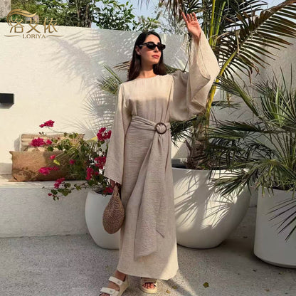 Elegant Belted Wide-Sleeve Maxi Dress for Women