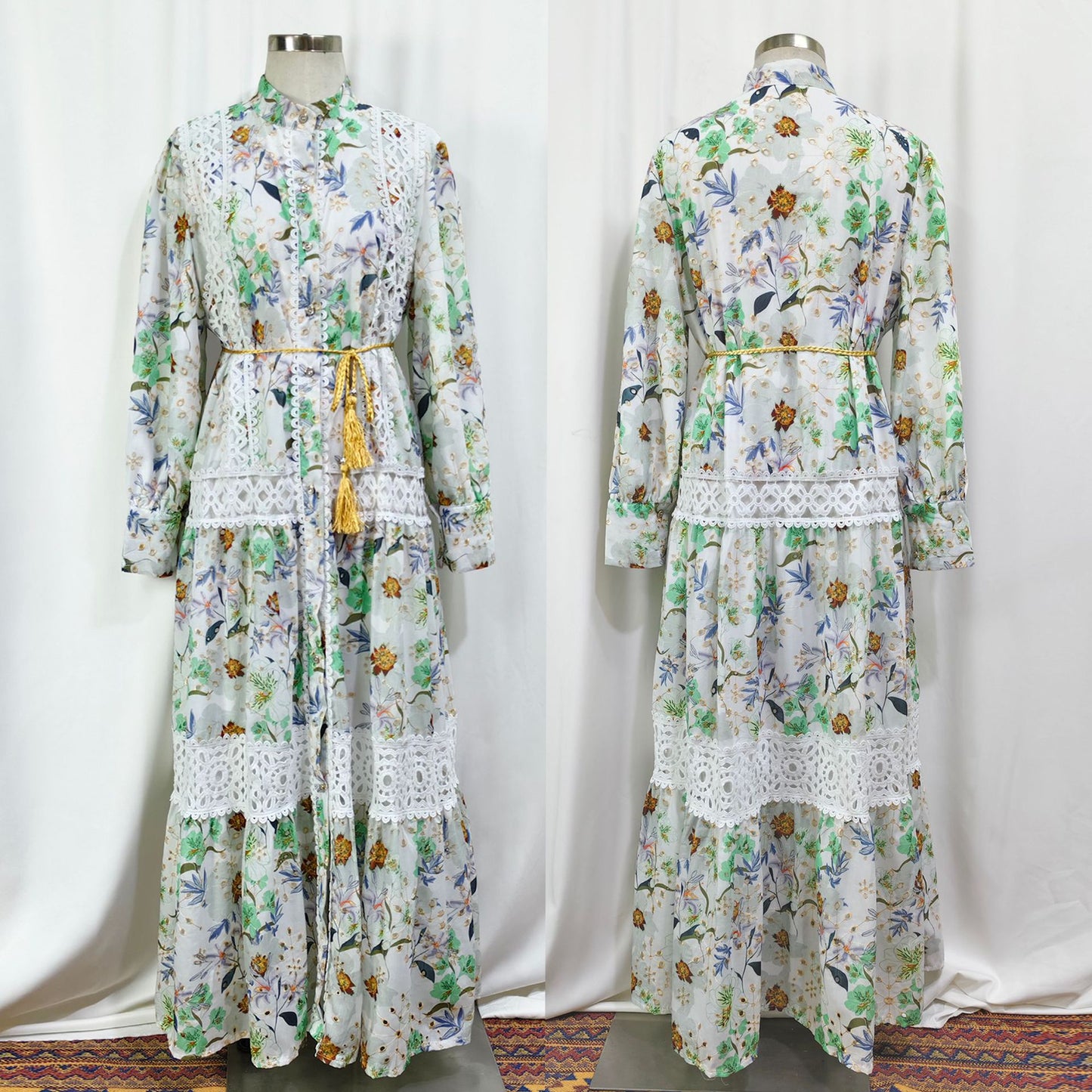 Embroidered Floral Modest Muslim Lantern Sleeve Maxi Dress
