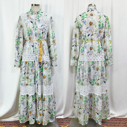 Embroidered Floral Modest Muslim Lantern Sleeve Maxi Dress