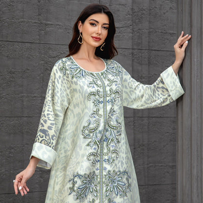 Leopard Beaded Rhinestone Muslim Kaftan Maxi Dress