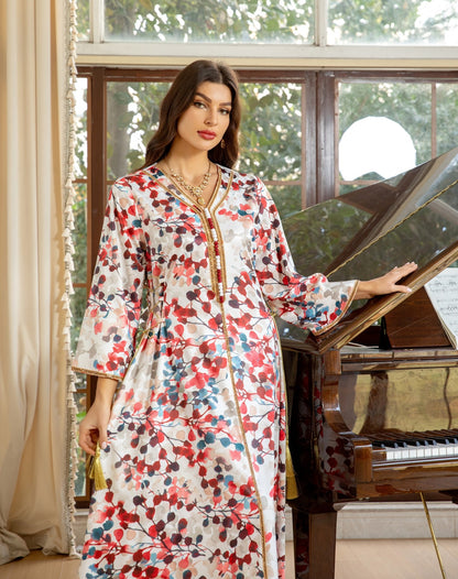 Printed Diamond Gold Waist Rope Jalabiya Dress