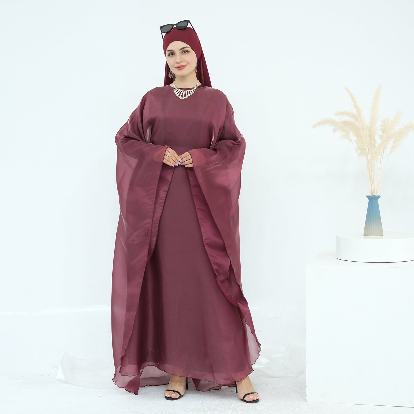Solid Elegant Dubai Muslim Long Robe Two-Piece Set