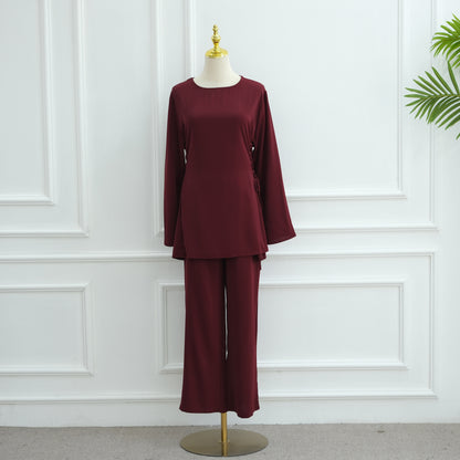 Elegant Modest Two-Piece Set with Long-Sleeve Top and Wide-Leg Pants | Nida Fabric Outfit