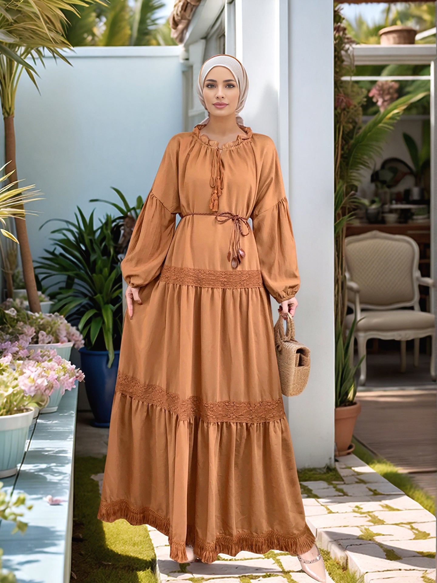 Lace Patchwork Maxi Dress with Tassel Belt and Ruffle Hem