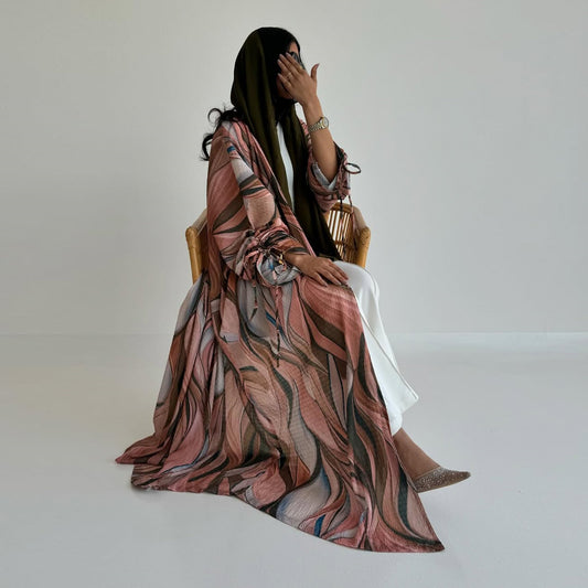 Women's Crinkled Linen Print Robe Open Abaya