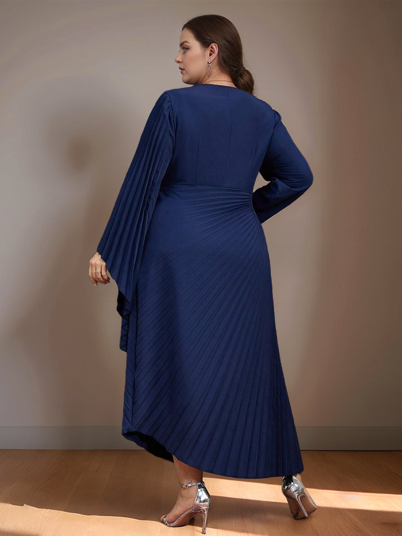Women's Asymmetric Pleated Dress Set with Diamonds