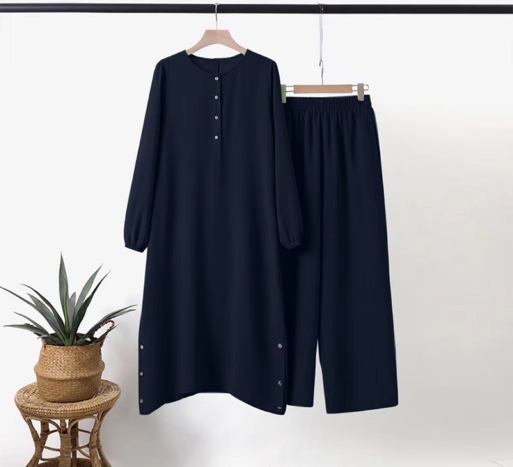 Women's Solid Color Long Sleeve Elastic Waist Set