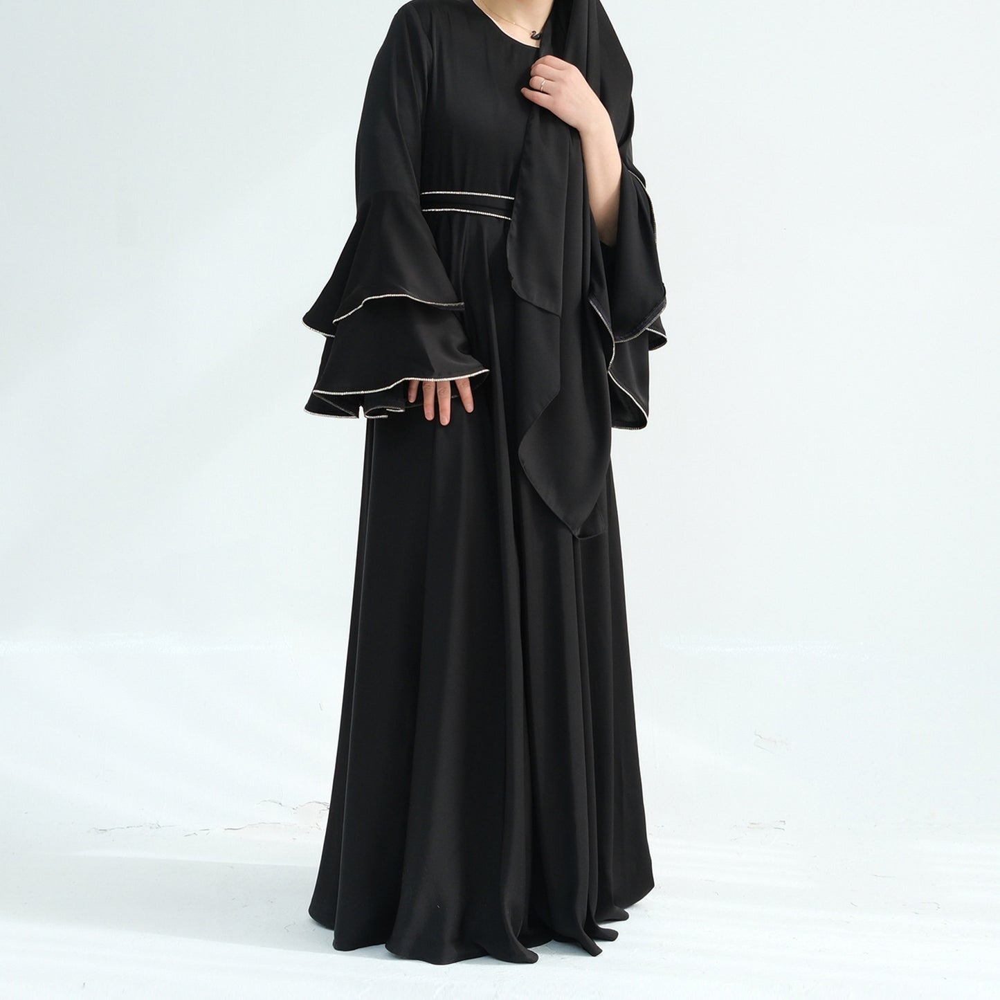 Beaded Nida Double-Layer Flare Sleeve Luxury Modest Maxi Dress