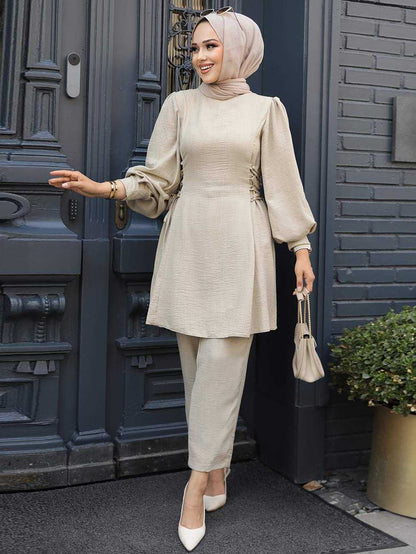 Women's Lace-up Balloon Sleeve Casual Suit