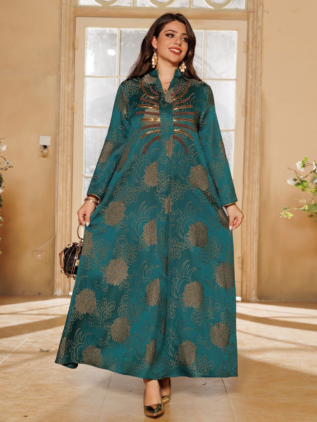Women's V-neck Jacquard Beaded Dress