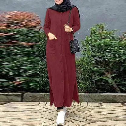 Women's Solid Color Shirt Dress Abaya with Pockets