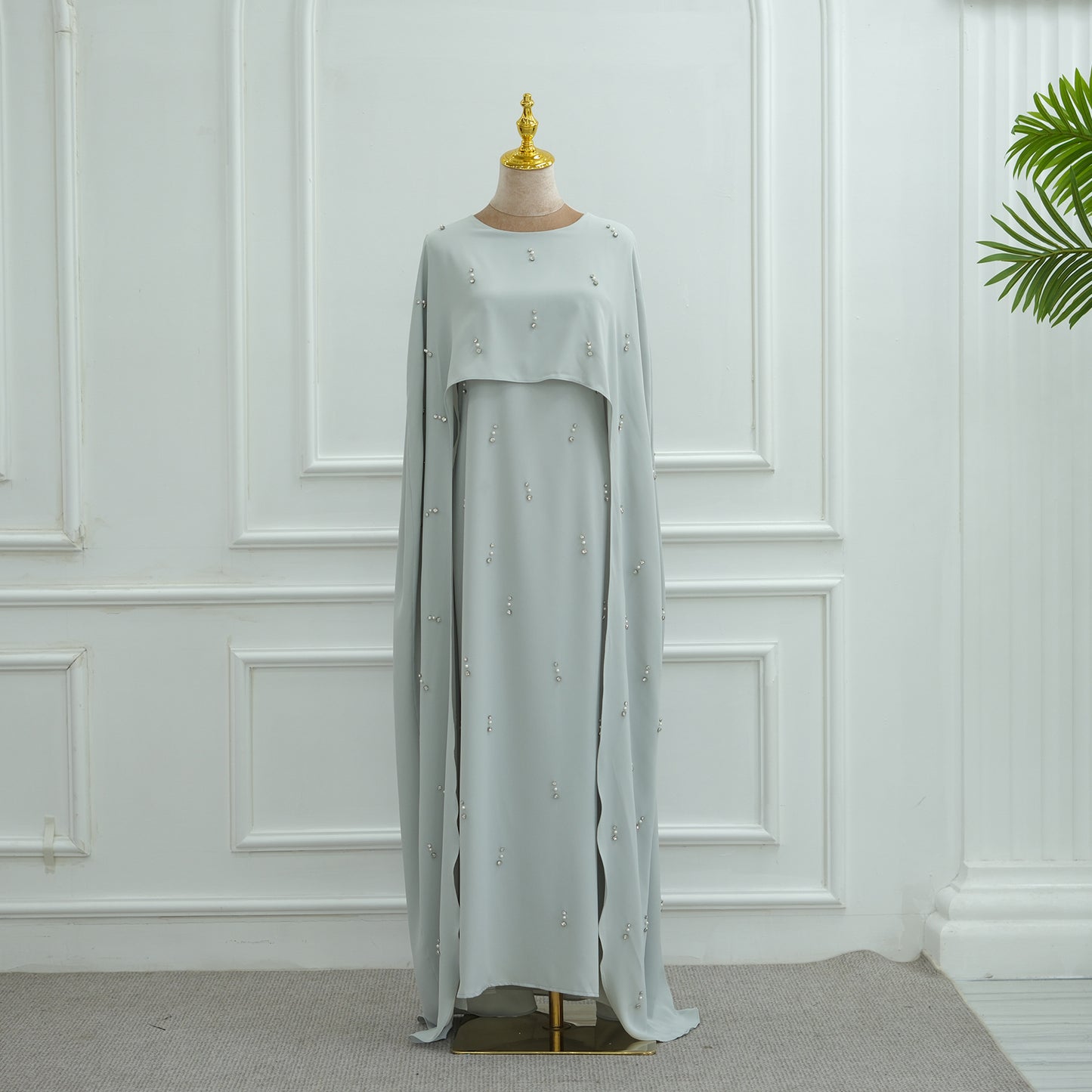 Elegant Beaded Maxi Dress with Attached Cape – Modest Evening Abaya Style