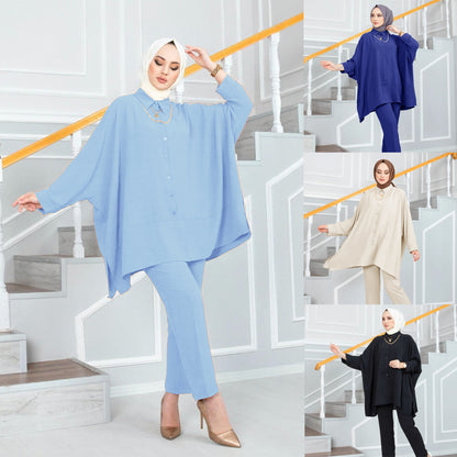 Loose Fit Batwing Sleeve Modest Two Piece Set with Shirt and Pants