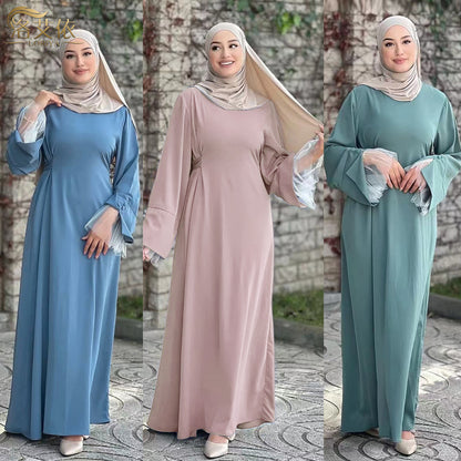 Lace Trim Maxi Dress with Waist Belt Modest Abaya Style