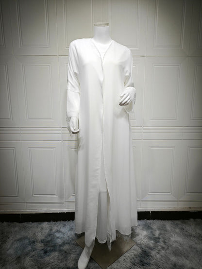 White Lace Trim Abaya with Matching Scarf Elegant Chiffon Robe