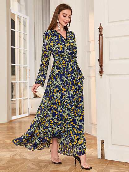 Women's V-neck Long Sleeve Print Dress