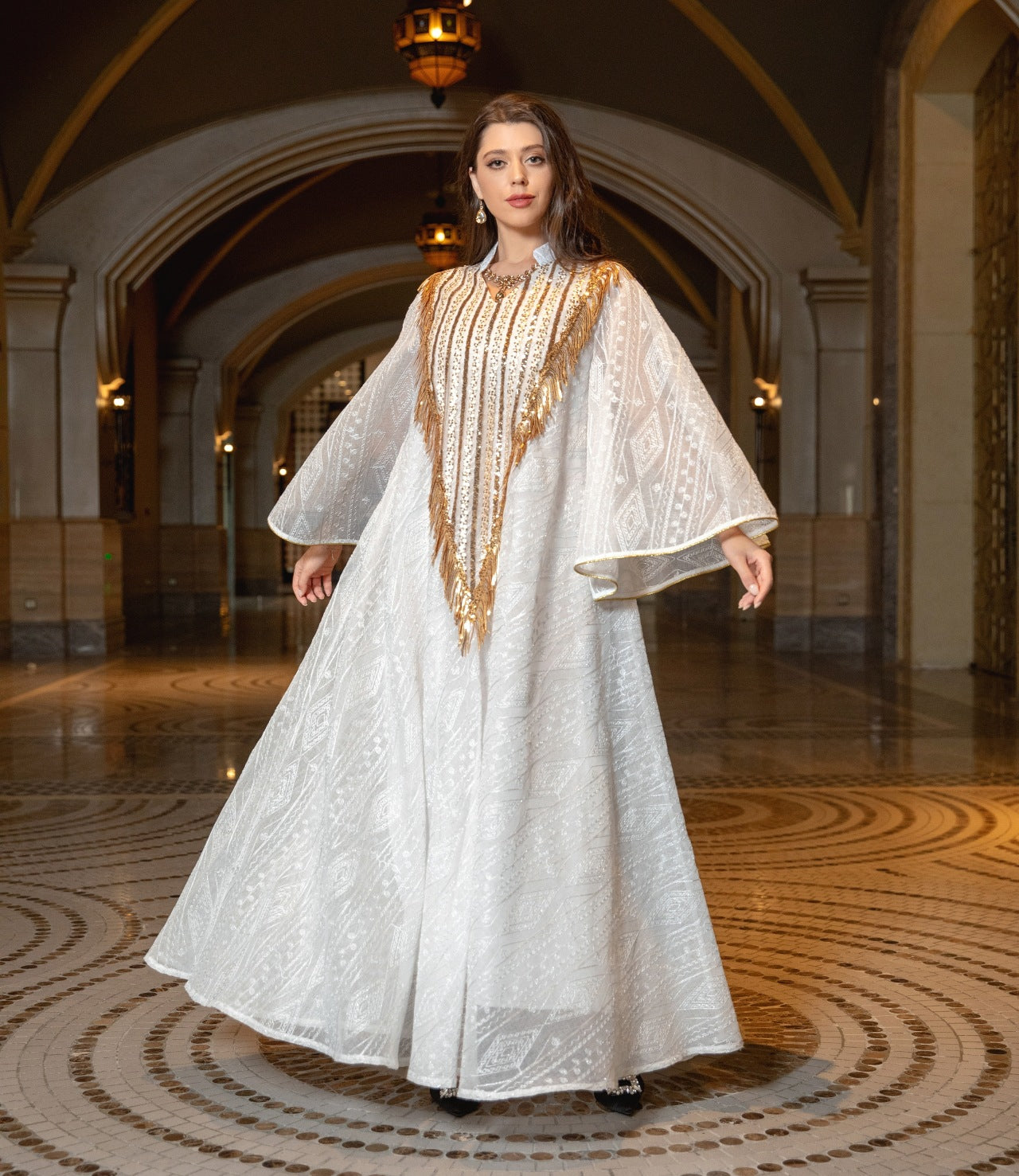 Women's Mesh Embroidered Sequin Jalabiya Dress