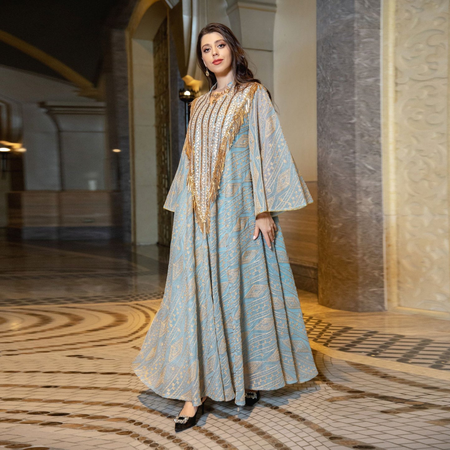 Women's Mesh Embroidered Sequin Jalabiya Dress