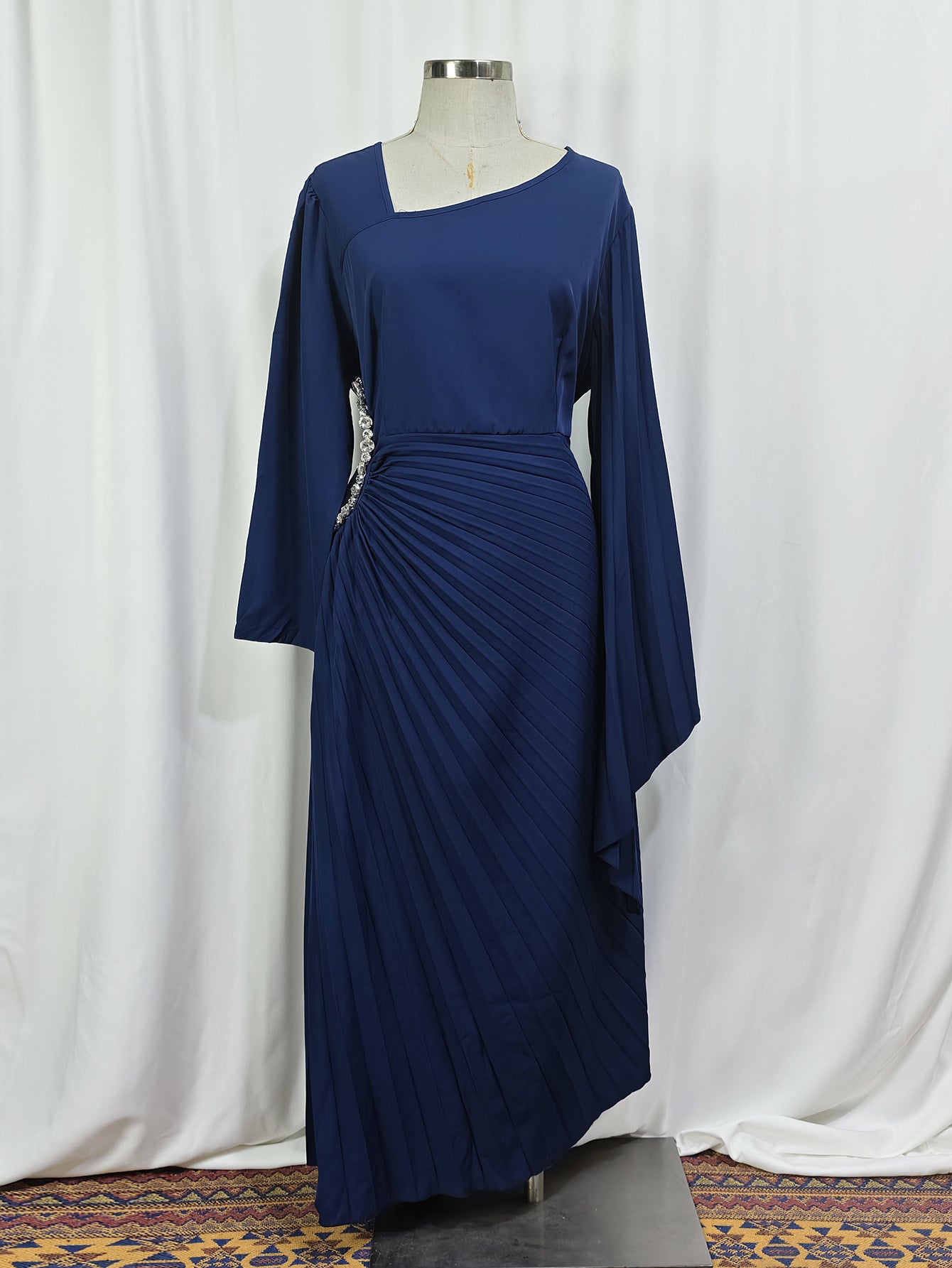 Women's Asymmetric Pleated Dress Set with Diamonds