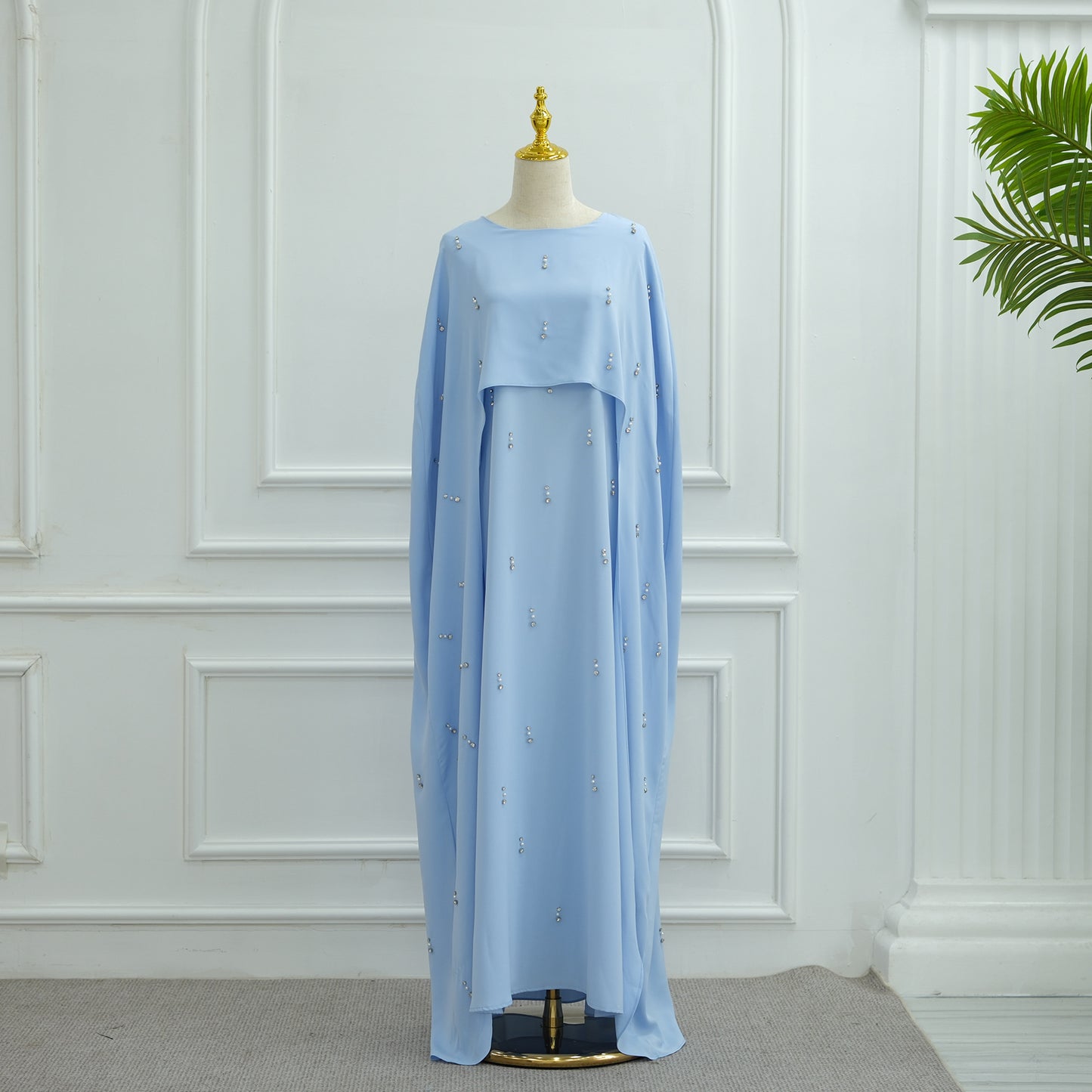 Elegant Beaded Maxi Dress with Attached Cape – Modest Evening Abaya Style