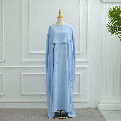 Elegant Beaded Maxi Dress with Attached Cape – Modest Evening Abaya Style