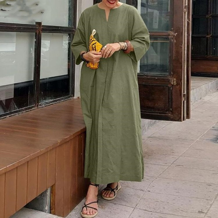 Solid Color Loose Casual Cotton and Linen Dress