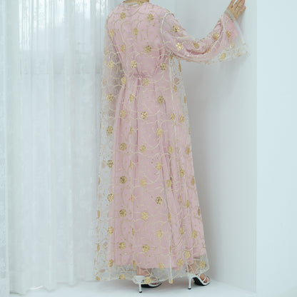 Gold Embroidered Lace Open Dress Elegant Evening Abaya
