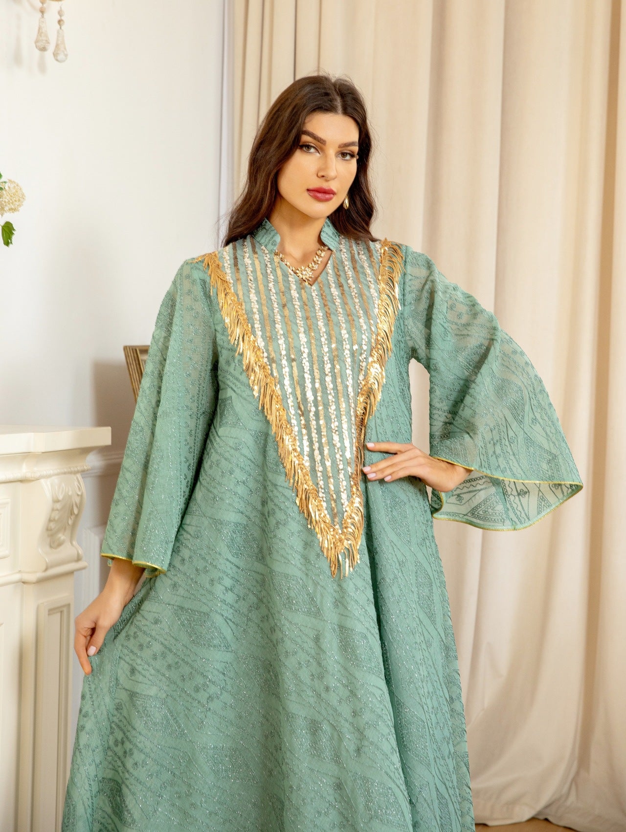 Women's Mesh Embroidered Sequin Jalabiya Dress