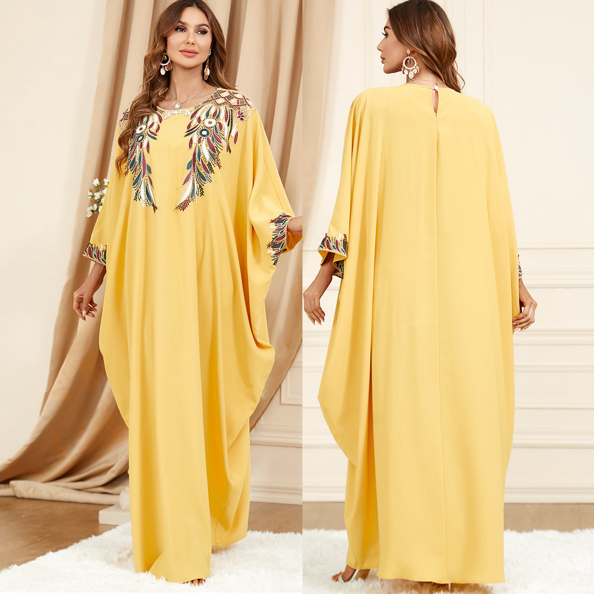 Yellow Bat Sleeve Loose Fashion Crew Neck Dress