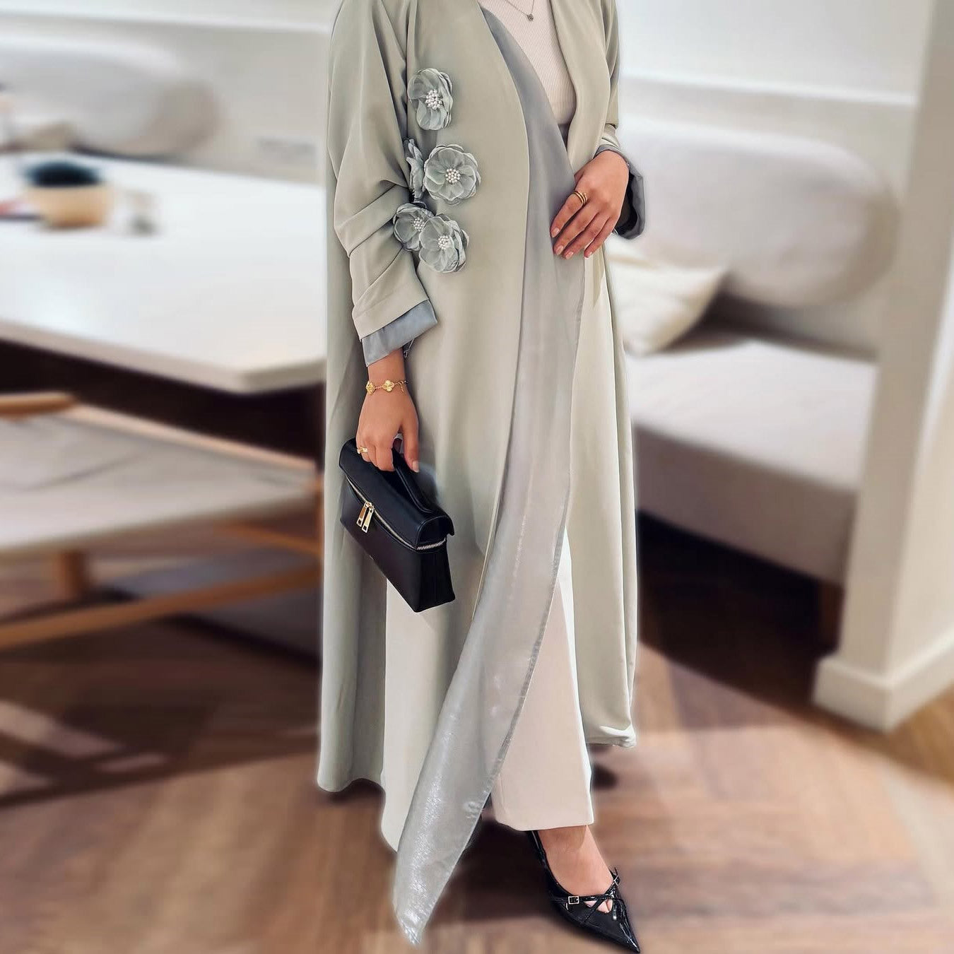 Elegant Applique Abaya Open Front Long Robe for Women