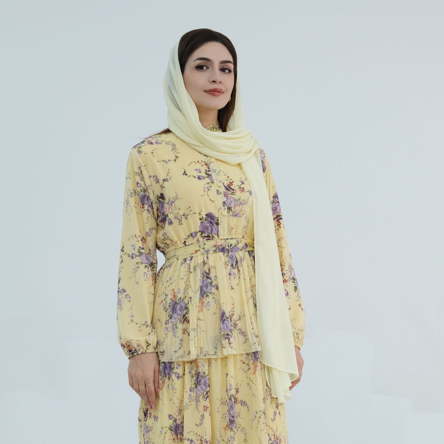 Floral Printed Islamic Modest Belted Tiered Maxi Dress