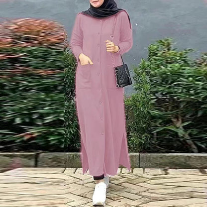 Women's Solid Color Shirt Dress Abaya with Pockets